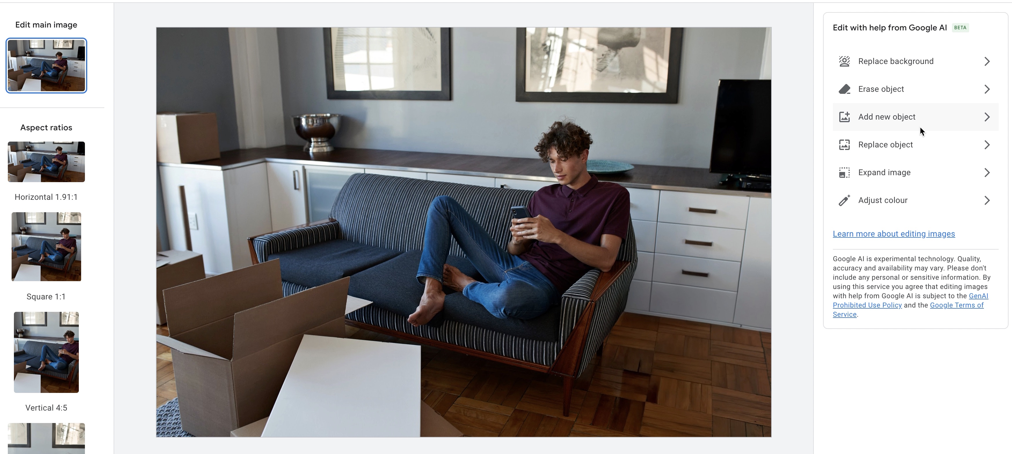 Google Ads' AI editor menu offers background replacement, object editing, image expansion and colour adjustment.