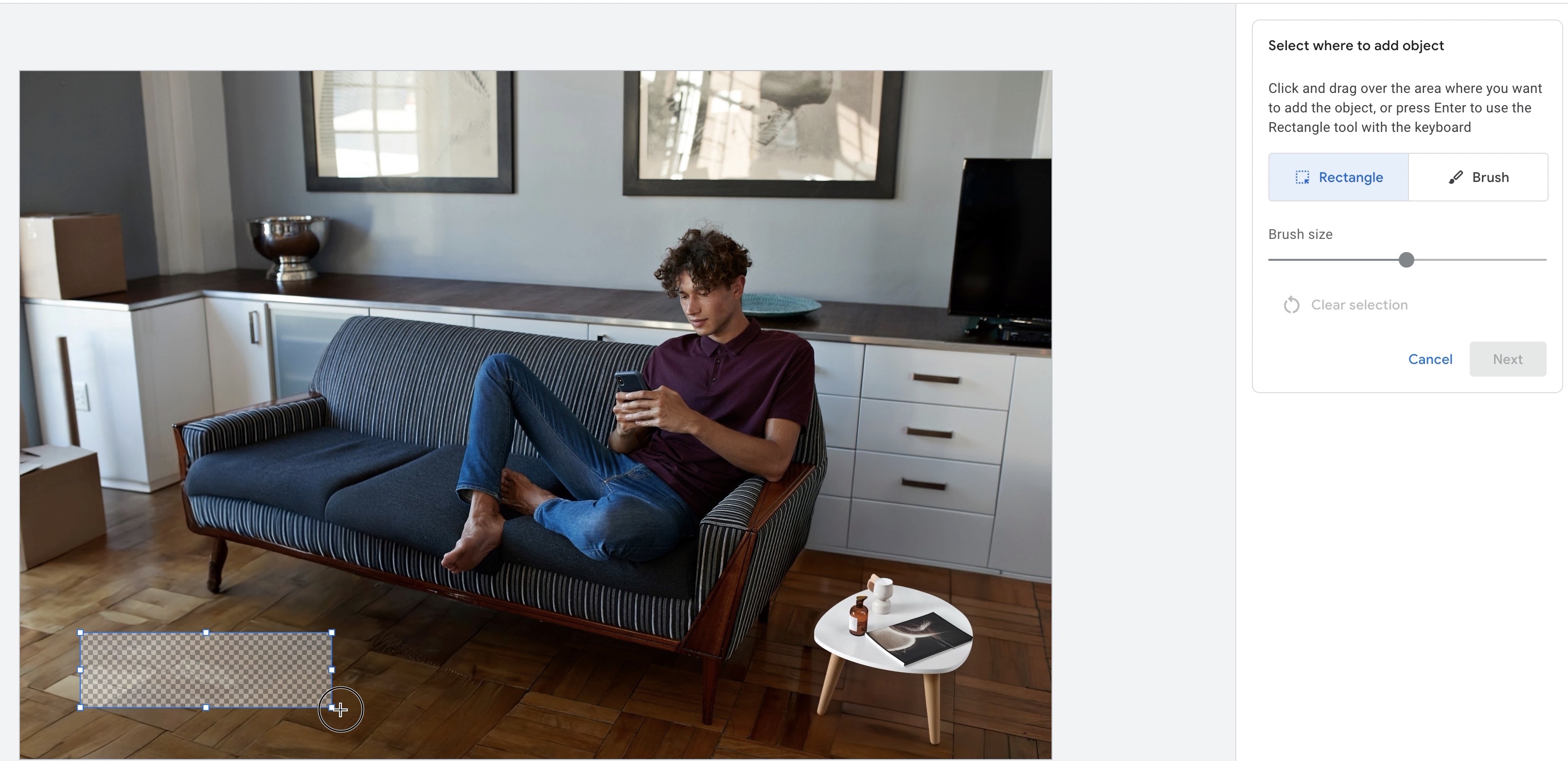 Google Ads' AI editor uses a rectangle to mark an empty floor area for adding an object.