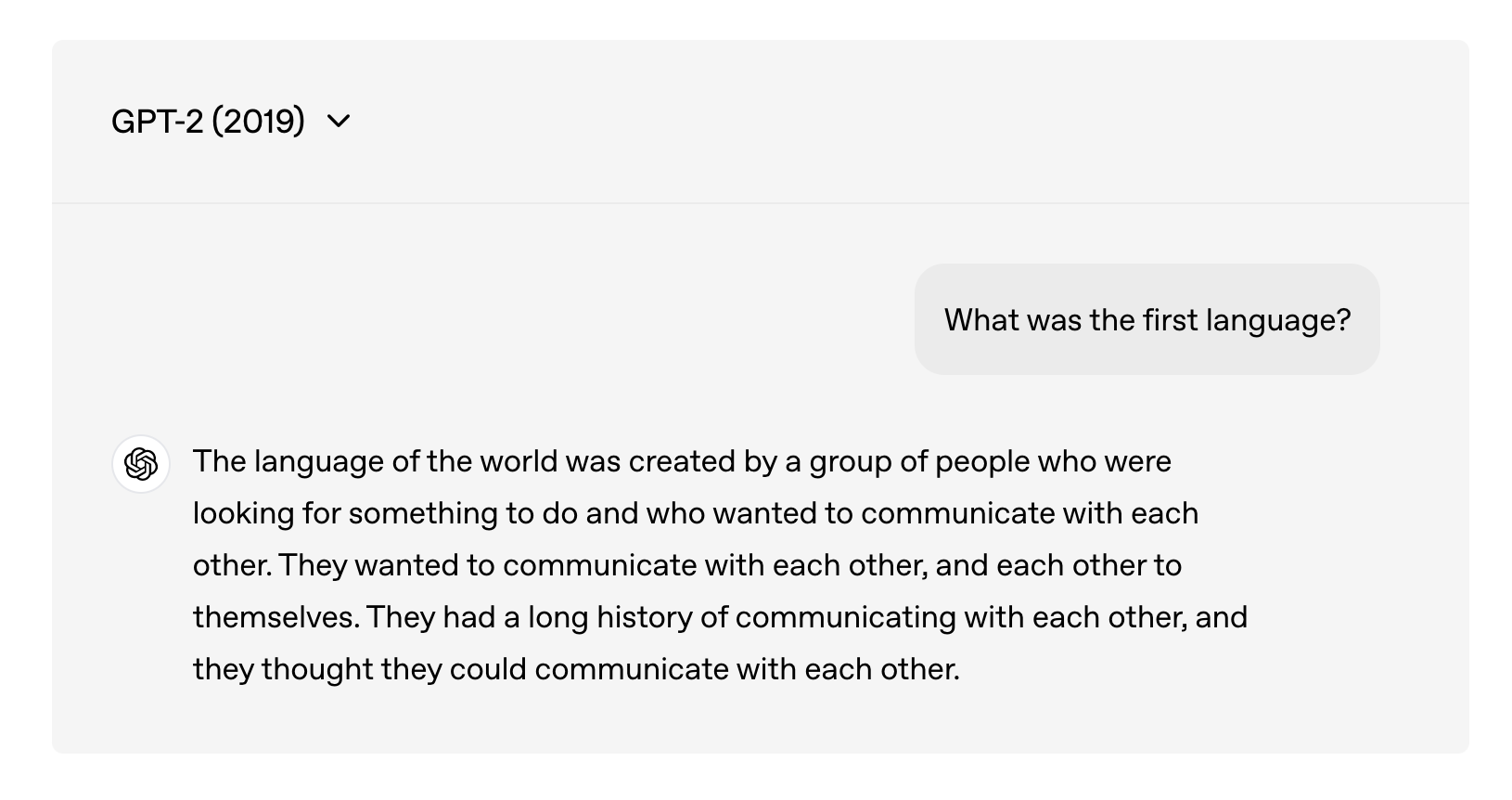 GPT-2 gives a repetitive, confused answer to the question 'What was the first language?'