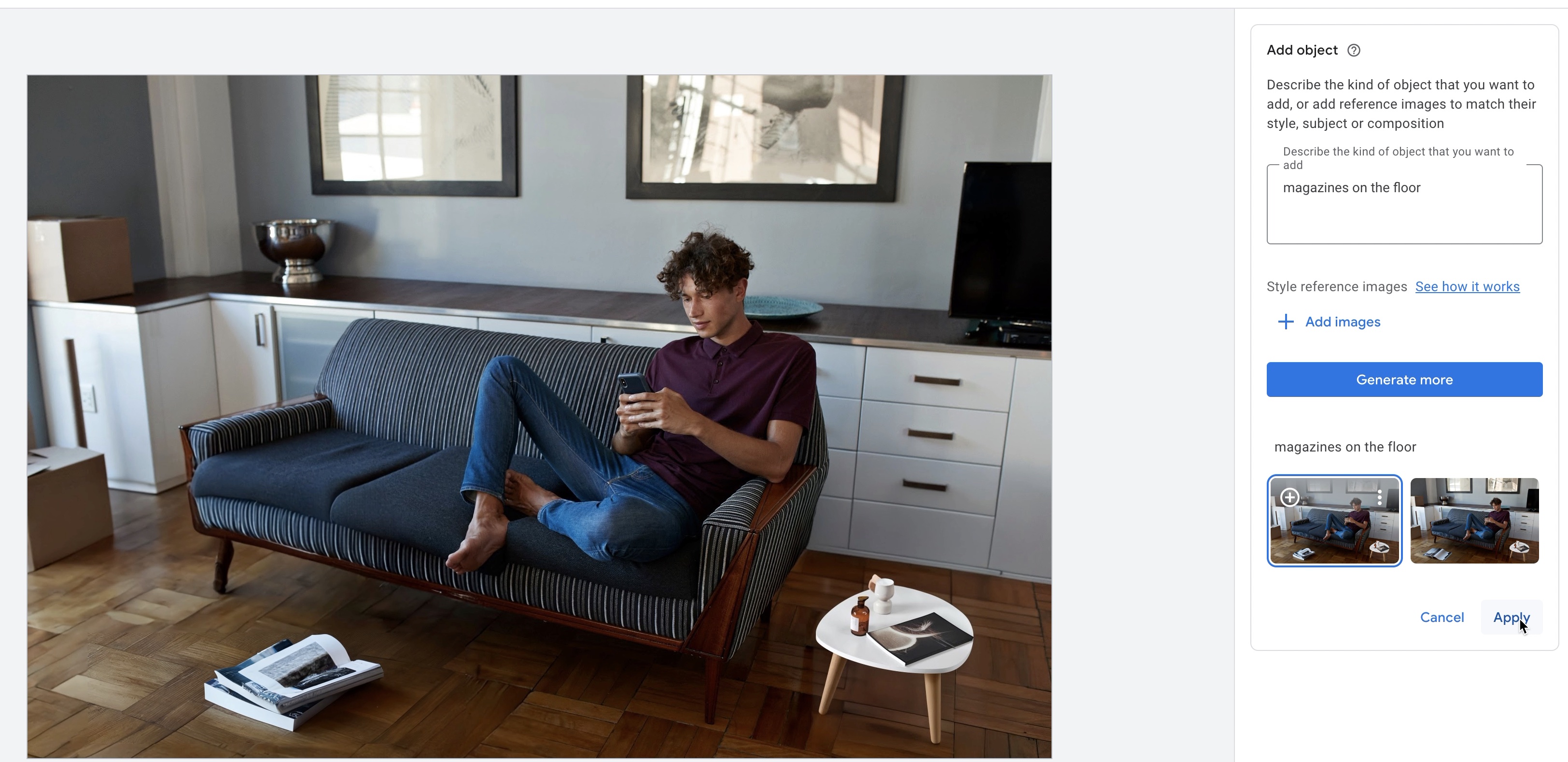 Google Ads' AI editor generates magazines on the floor of a living-room photo from a text prompt.
