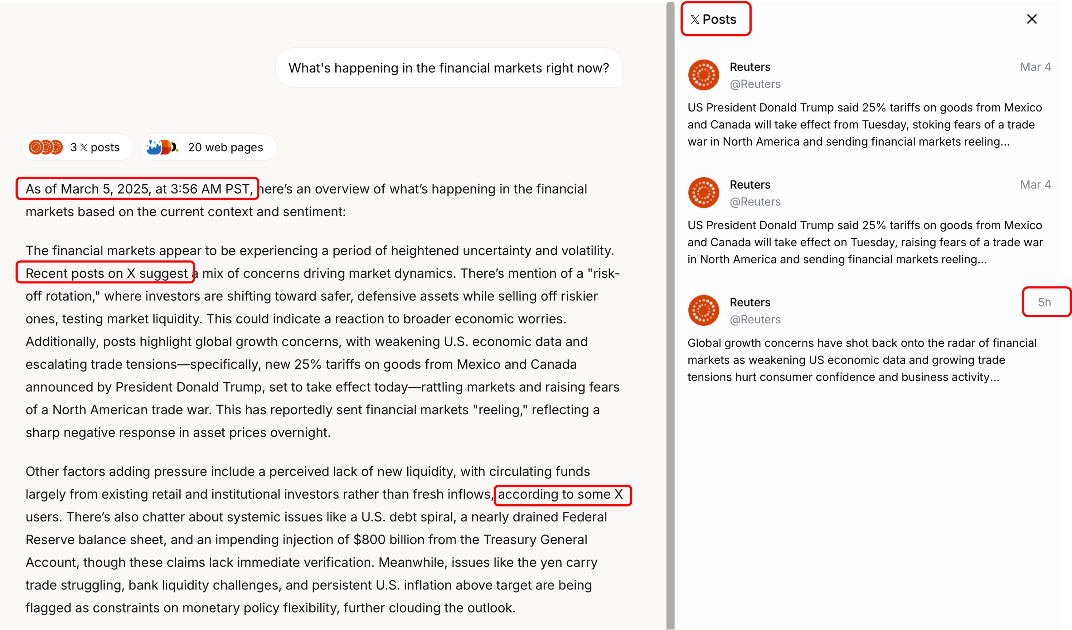 Grok answers a real-time financial markets query using recent Reuters X posts about US tariffs and trade-war fears.