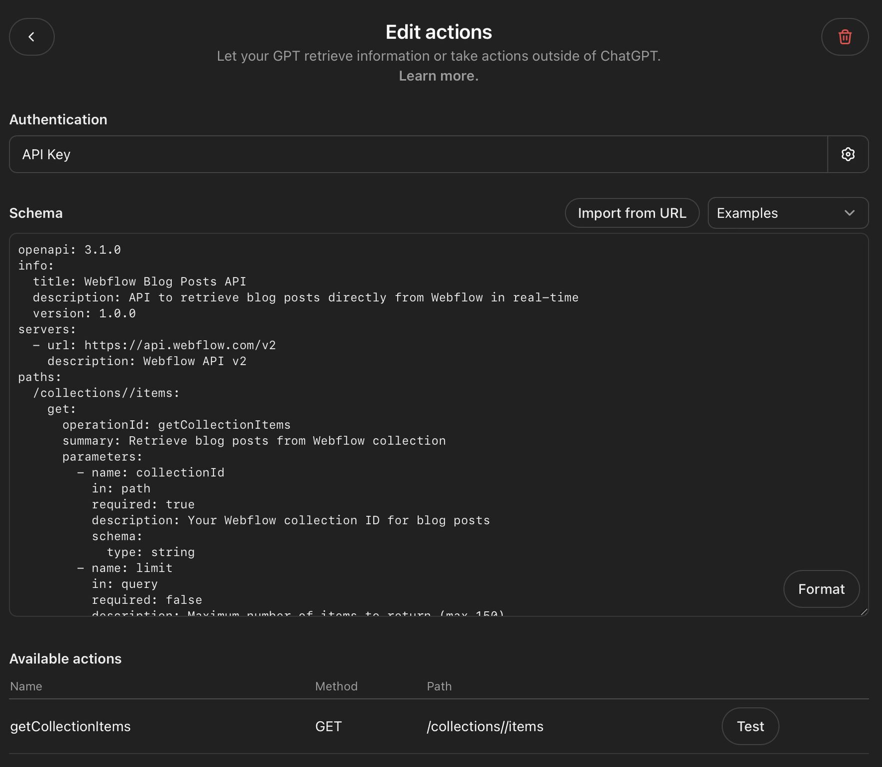 Custom GPT action editor shows API key authentication and an OpenAPI schema for the Webflow Blog Posts API.