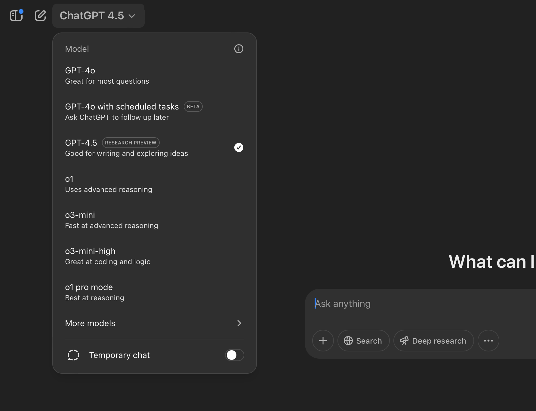 ChatGPT's model menu shows GPT-4.5 selected among GPT-4o, o1 and o3-mini options.