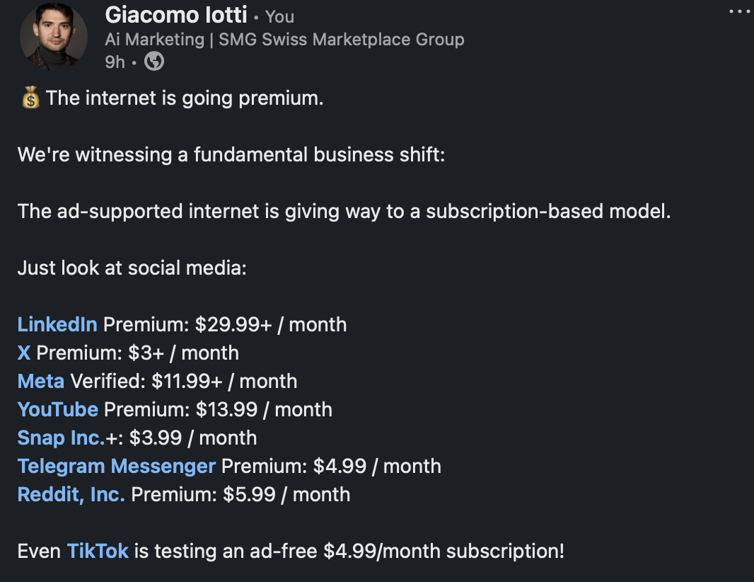 LinkedIn post says the internet is going premium and lists monthly prices for seven social-media subscriptions.