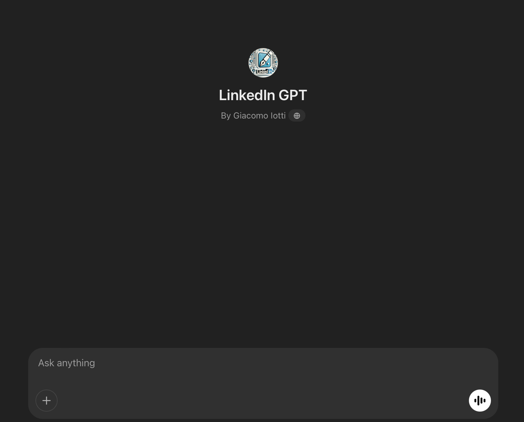 Custom LinkedIn GPT start screen by Giacomo Iotti.