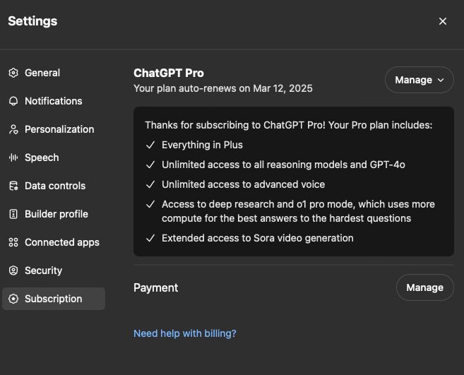ChatGPT Pro subscription page lists unlimited reasoning models, advanced voice, Deep Research, o1 pro and extended Sora access.