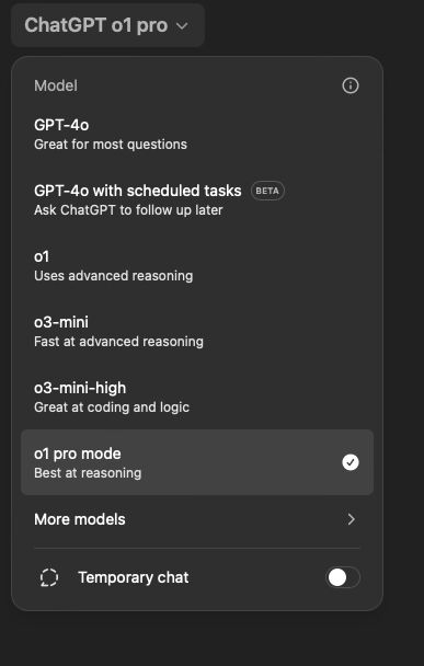 ChatGPT model menu shows o1 pro mode selected as the best reasoning option.