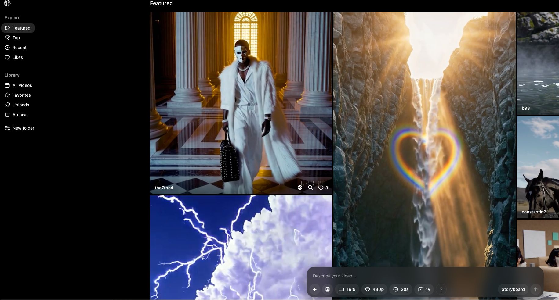 Sora featured gallery shows AI videos including a masked fashion model, lightning and a waterfall with a rainbow.