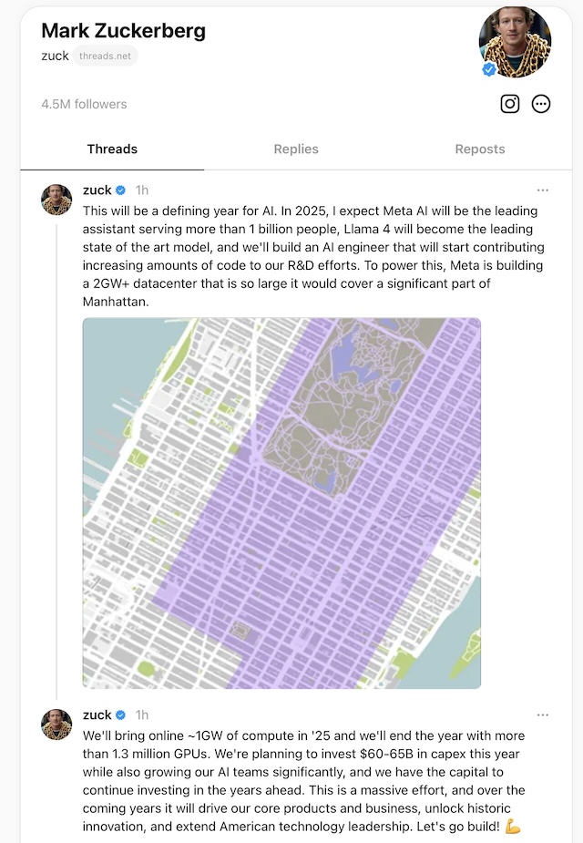 Mark Zuckerberg Threads post outlining Meta's 2025 AI plans, including Llama 4, an AI engineer and $60–65 billion in capital spending.