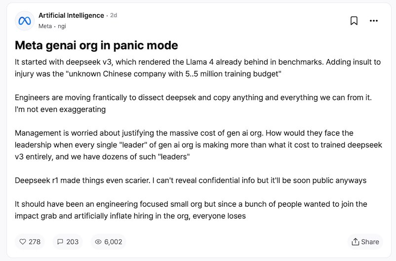 Post claiming Meta's generative AI team was scrambling to copy DeepSeek and that each leader cost more than training DeepSeek V3.