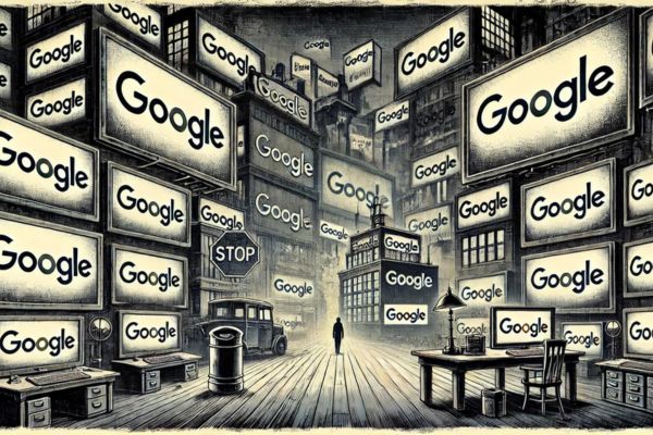 Dystopian city street surrounded by Google-branded screens, with a lone figure beneath a stop sign.