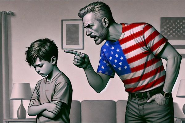Man in a US flag shirt scolding a child, symbolising American regulators confronting Google's search monopoly.