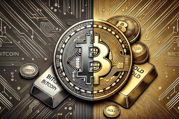 Bitcoin coin split between silver and gold on a circuit-board background, questioning whether it is digital gold or a tech asset.