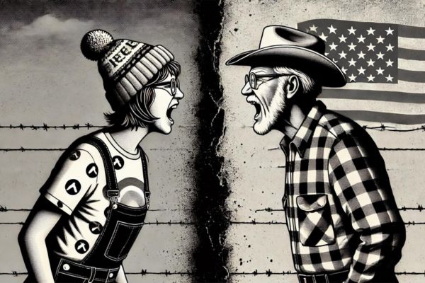 Two politically opposed Americans shouting across a barbed-wire divide, illustrating othering and us-versus-them politics.