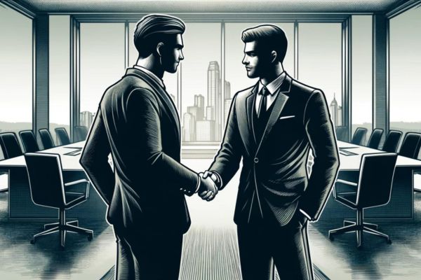 Two businesspeople shake hands in a boardroom, representing OpenAI’s content deals with publishers.