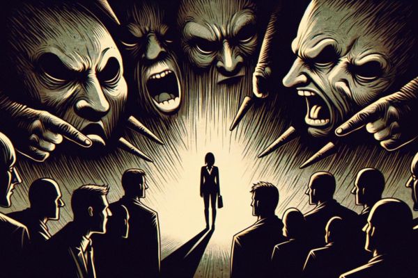 Lone worker surrounded by pointing, shouting critics, illustrating fear of other people’s opinions at work.