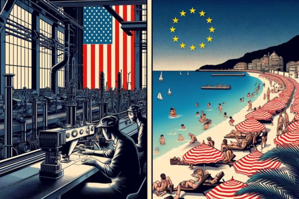Split scene contrasting a US factory worker with holidaymakers on a European beach.