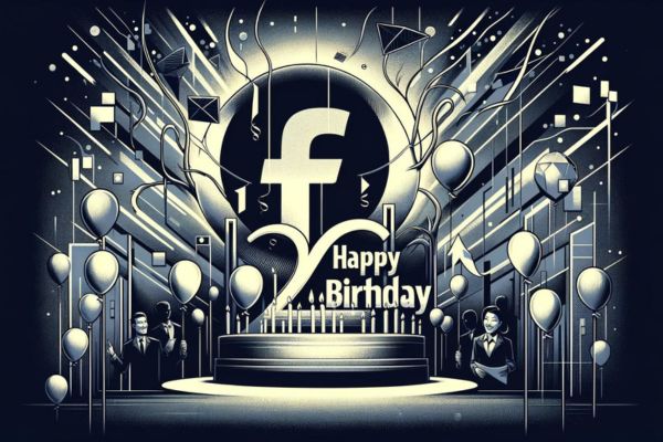 Facebook logo above a 20th-birthday cake and balloons, marking the platform’s anniversary.