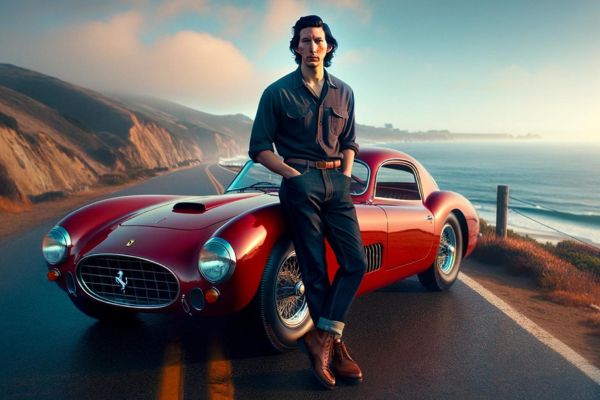 Man leaning against a vintage red Ferrari on a coastal road, evoking the brand’s lifestyle appeal.