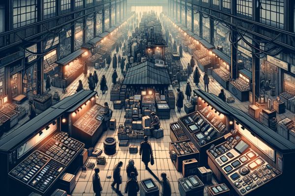 Shoppers browse a vast electronics market filled with similar products, illustrating advertising in a commoditised category.