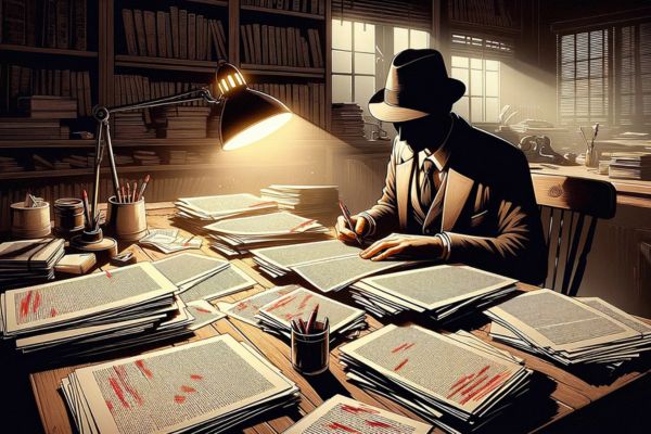 Noir-style editor reviews stacks of marked-up pages at a desk, representing an AI tool that improves text.