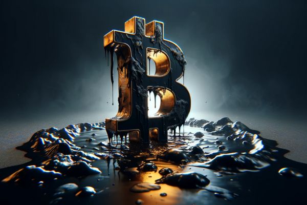 Bitcoin symbol melting into a dark pool, suggesting its outsider purpose has eroded after ETF approval.