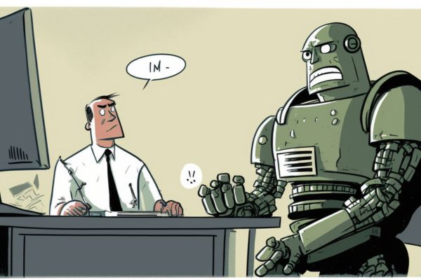 Office worker looks uneasy beside a large robot at his desk, reflecting fears about automation in performance marketing.
