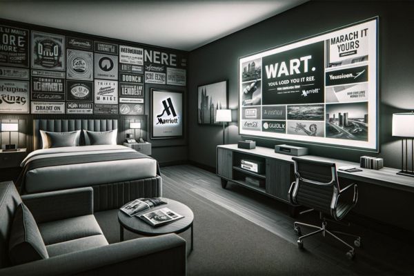 A Marriott hotel room is filled with branded advertising panels, illustrating guest data turned into in-room media.