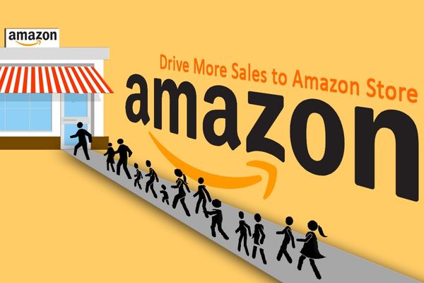 Illustrated shoppers follow the Amazon smile into a storefront beneath the words 'Drive more sales to Amazon Store.'