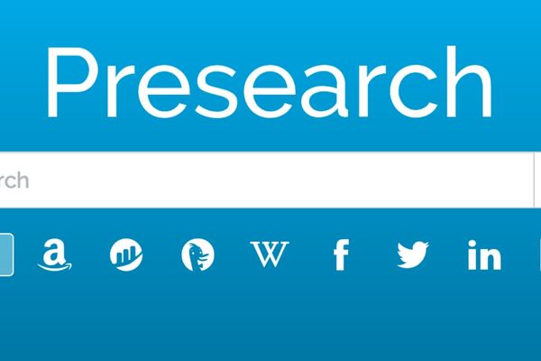 Presearch's blue search interface shows a search box and icons for alternative information sources.