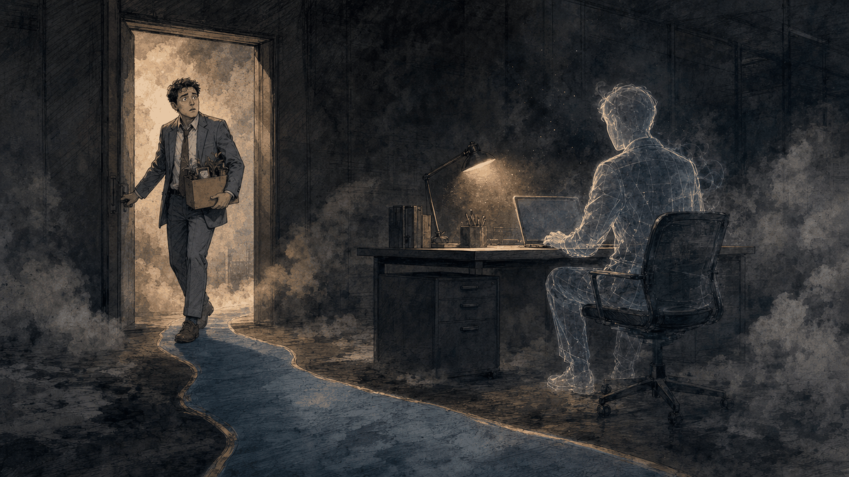 A new employee carrying a box pauses in a dim office doorway as a translucent data-double already works at the desk, suggesting AI knew about the job before they arrived.