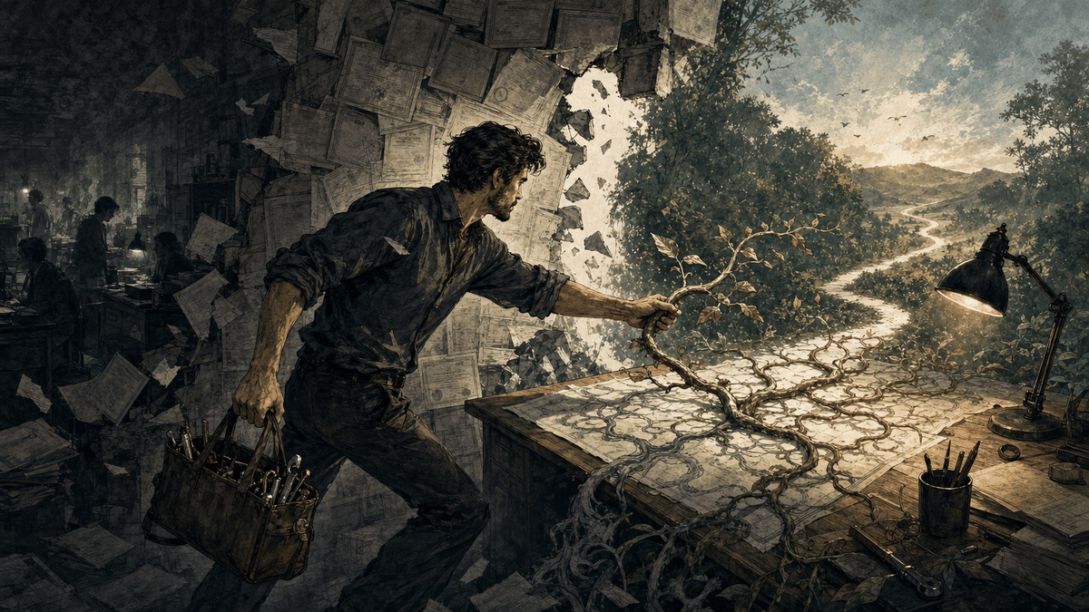 A rolled-sleeved professional carrying a toolkit steps through a wall of certificates and guides a living vine across a search-path map toward open terrain, symbolizing practical