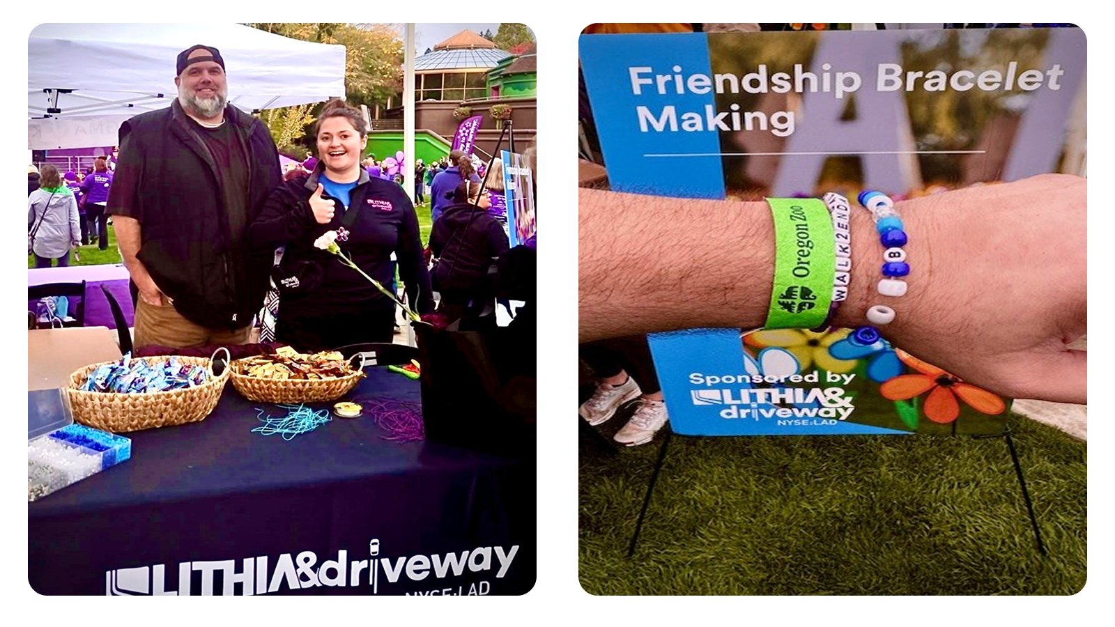 two people standing at a vendor stand, a friendship bracelet making sign and a bracelet made at the sign