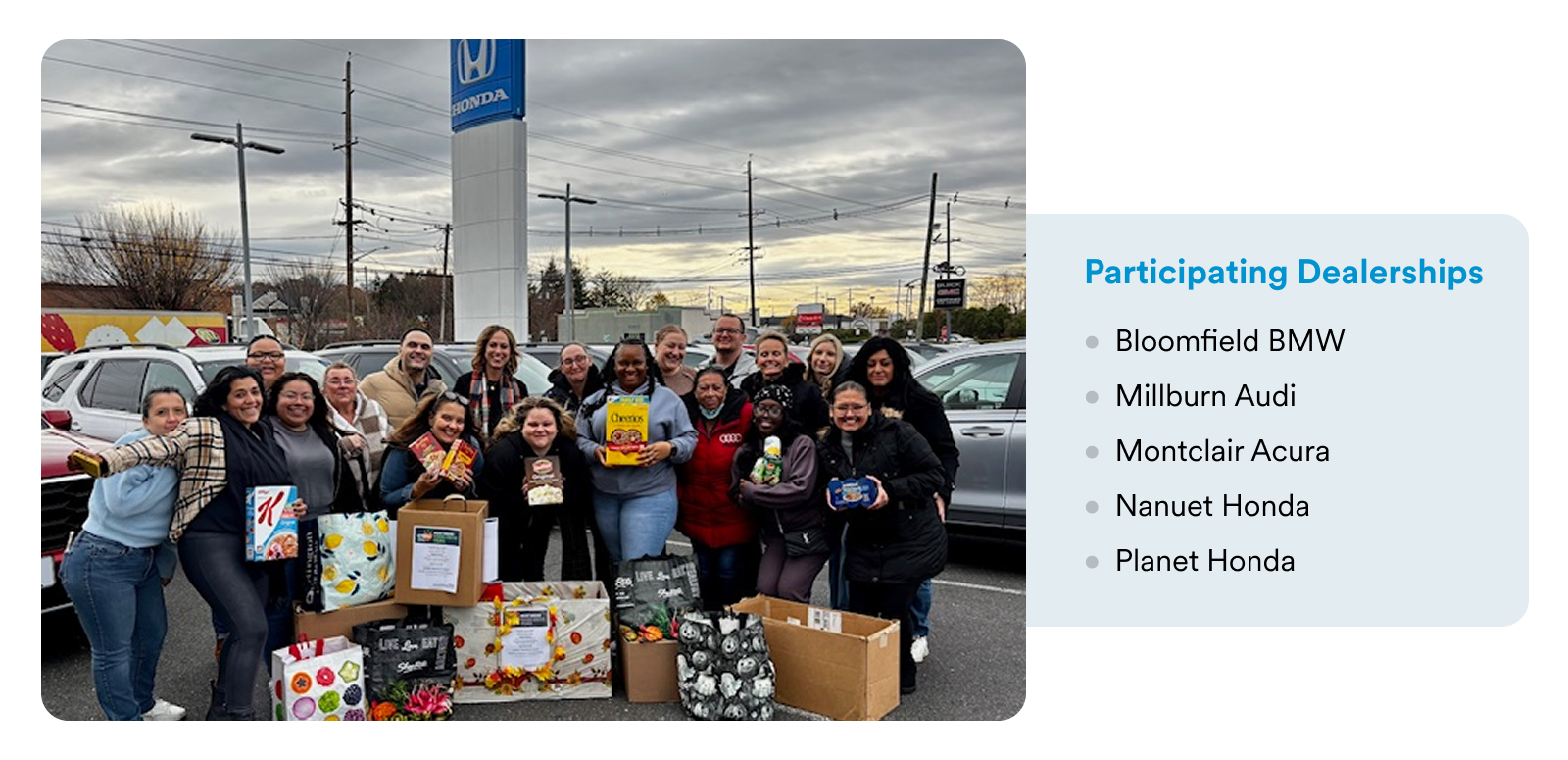 participating dealerships, group photo of people with food donations