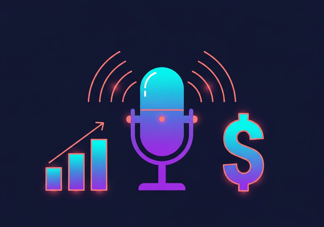 Flat design illustration of a podcast microphone alongside geometric pricing and analytics elements on a dark navy background with purple and cyan accents