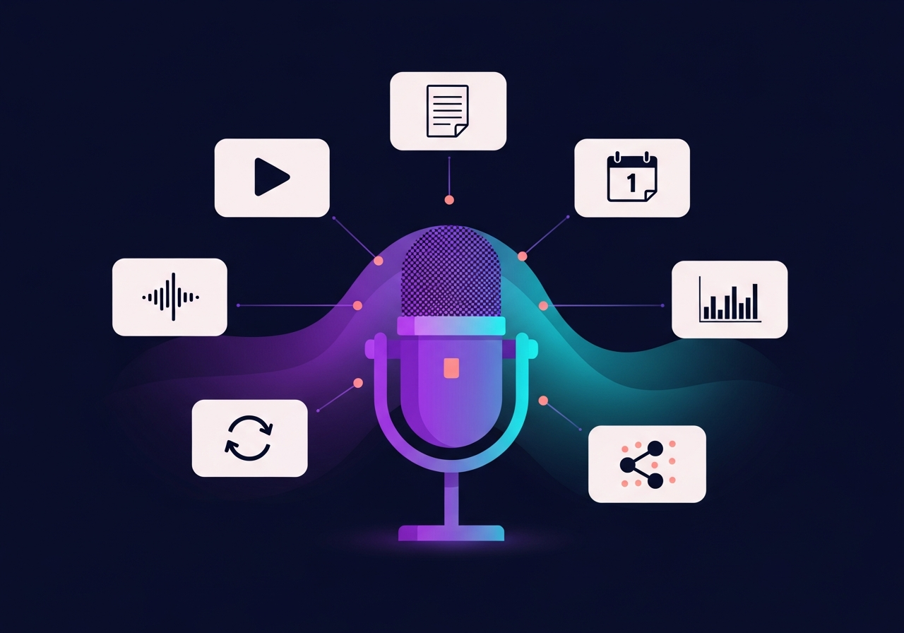 Flat design illustration of a podcast microphone surrounded by content strategy elements on a dark navy background with purple and cyan accents