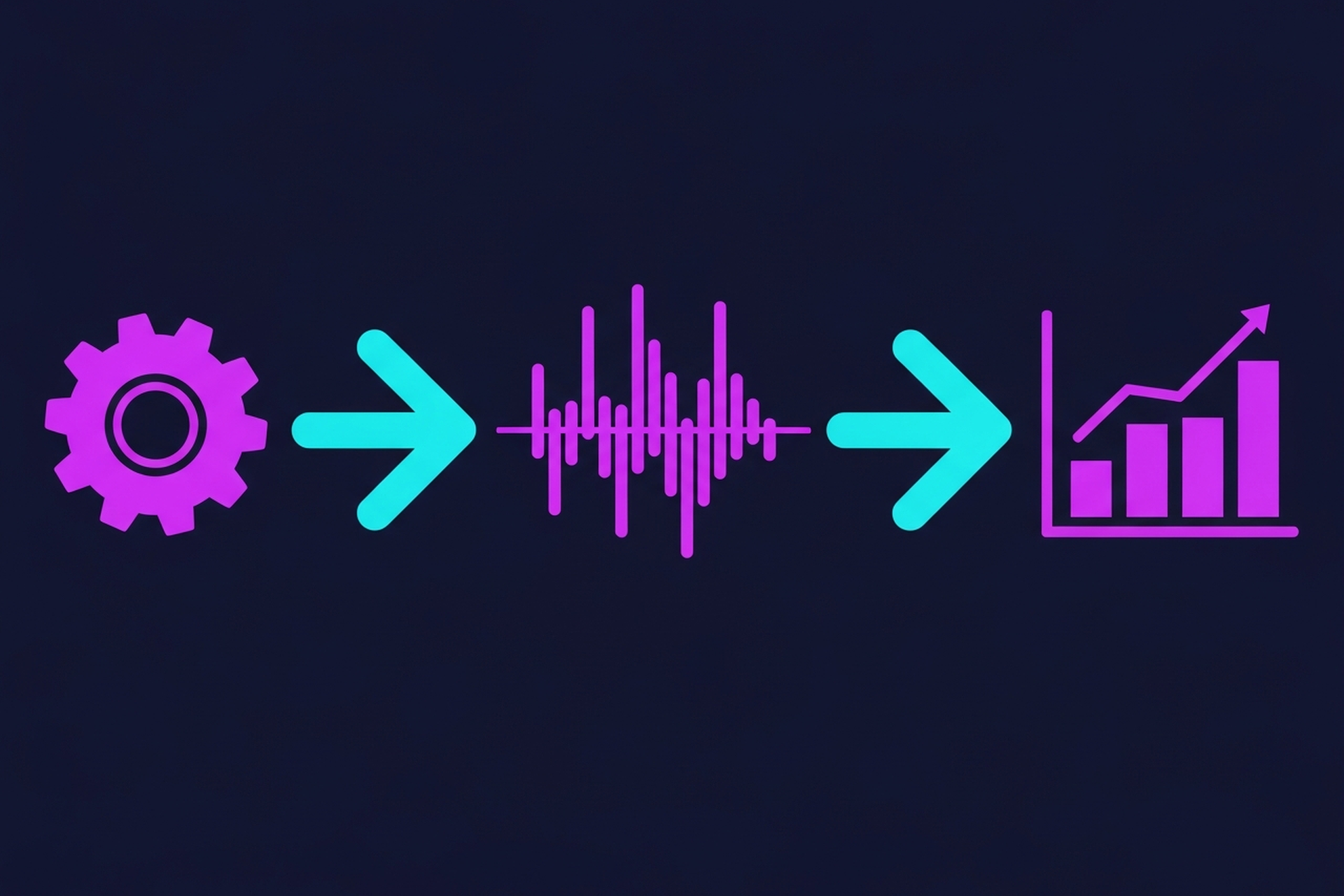 Gear icon with waveform and connected tool icons on dark navy background