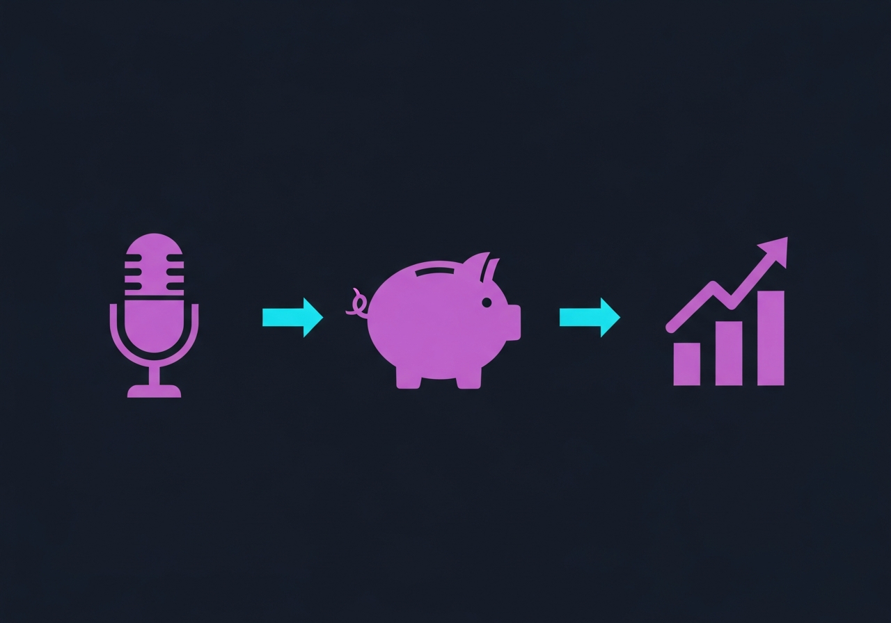 Flat-design illustration on dark navy background showing podcast microphone connected to revenue icons including bar charts, currency symbols, and audio waveforms in purple-to-cyan gradient, no faces, no text
