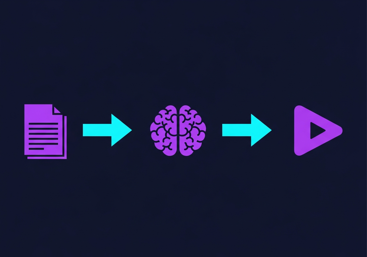 Flat-design illustration on dark navy background showing a script document icon, play button, and AI neural network nodes connected by lines in purple and cyan