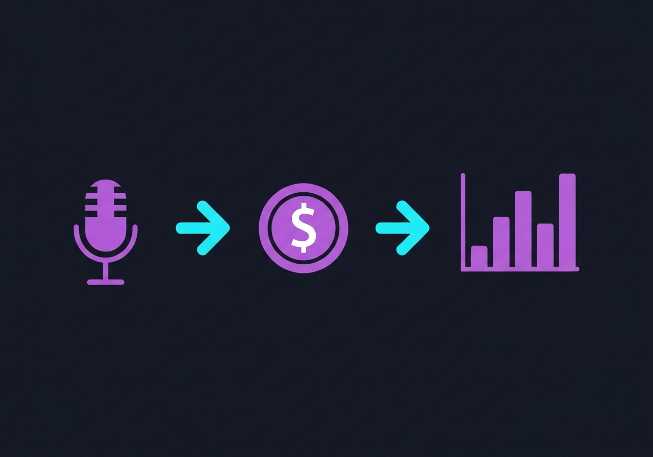 Flat design illustration on dark navy background showing a cost-per-thousand icon, audio waveform, dollar signs, and podcast microphone in purple and cyan