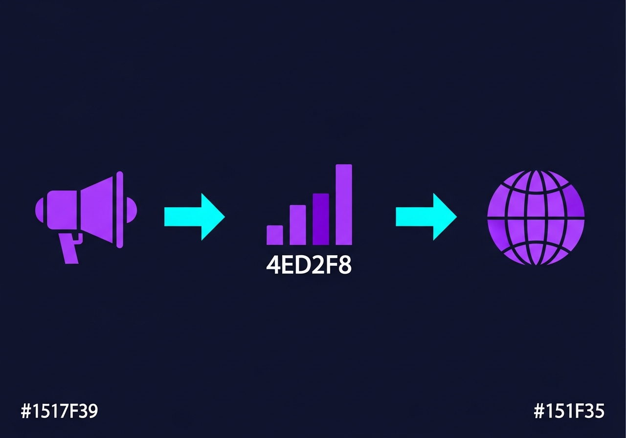 Flat-design illustration on dark navy background showing a rising bar chart with audio waveform, podcast microphone, and dollar sign icons in purple-to-cyan gradient, no faces, no text