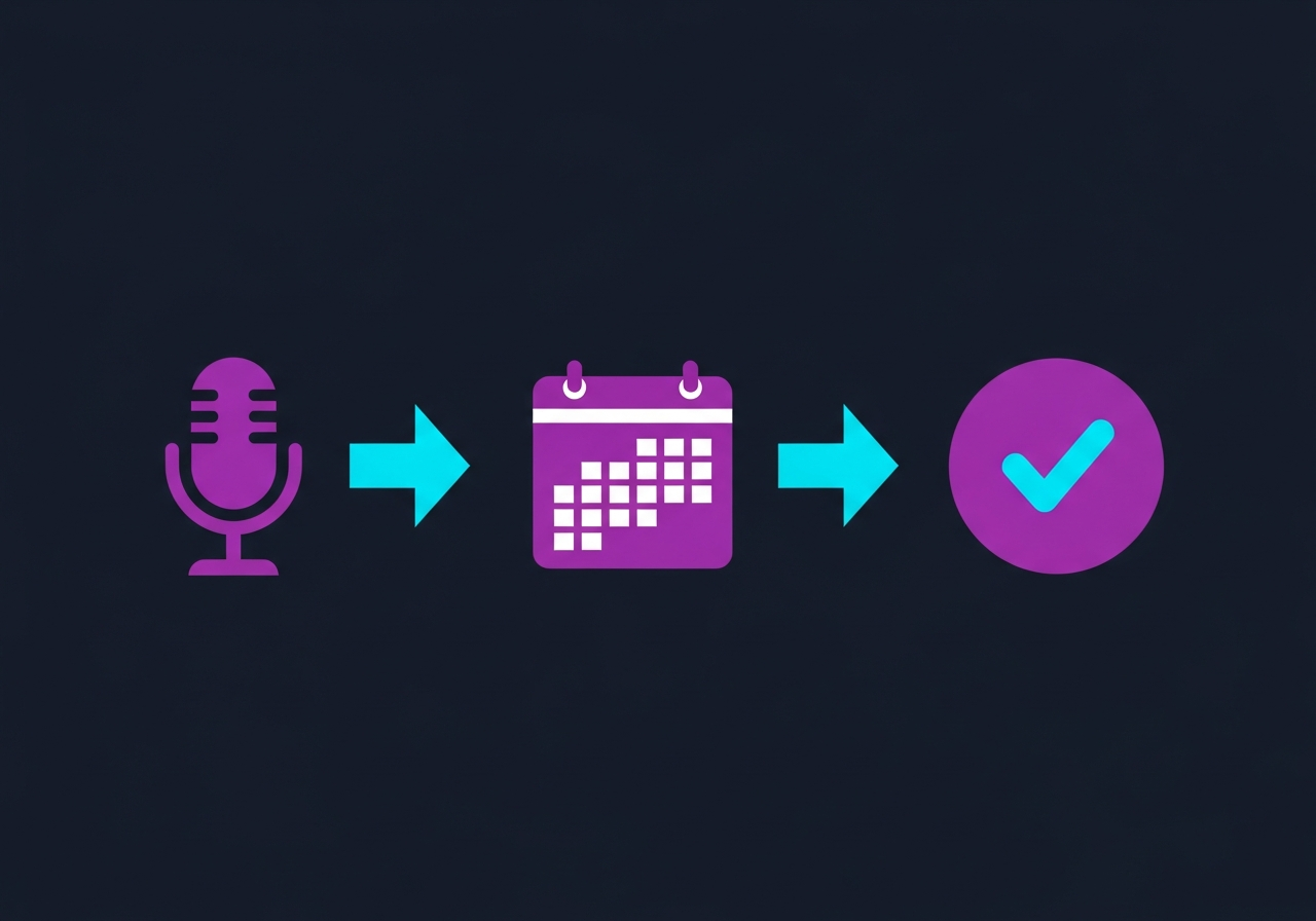 Flat-design illustration on dark navy background showing a calendar grid with podcast microphone icons and scheduling elements in purple and cyan gradient