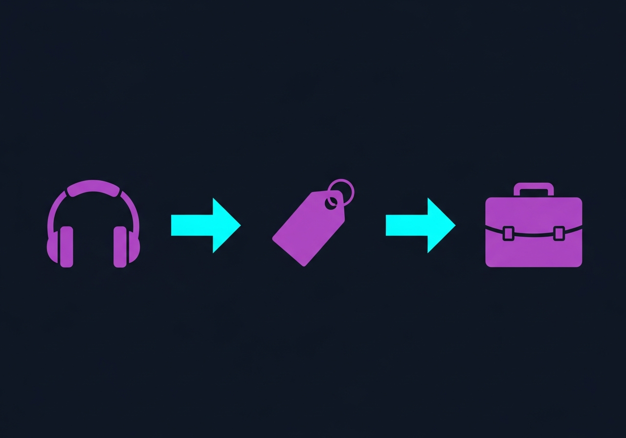 Flat-design illustration on dark navy background with podcast waveforms, category tag icons, and business building silhouettes in purple and cyan gradient, no faces, no text