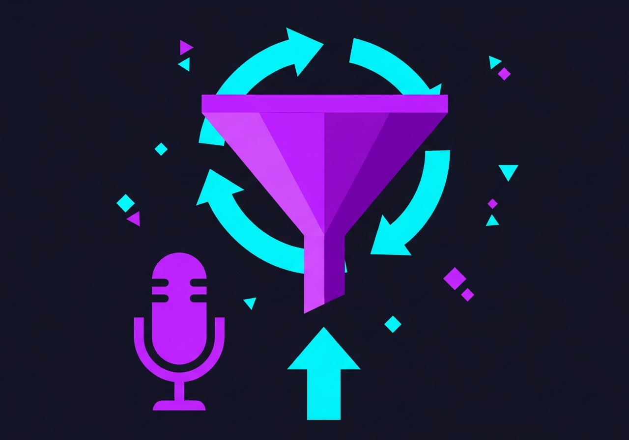 Illustrated B2B podcast GTM funnel showing podcast as the central engine driving awareness, consideration, and decision stages