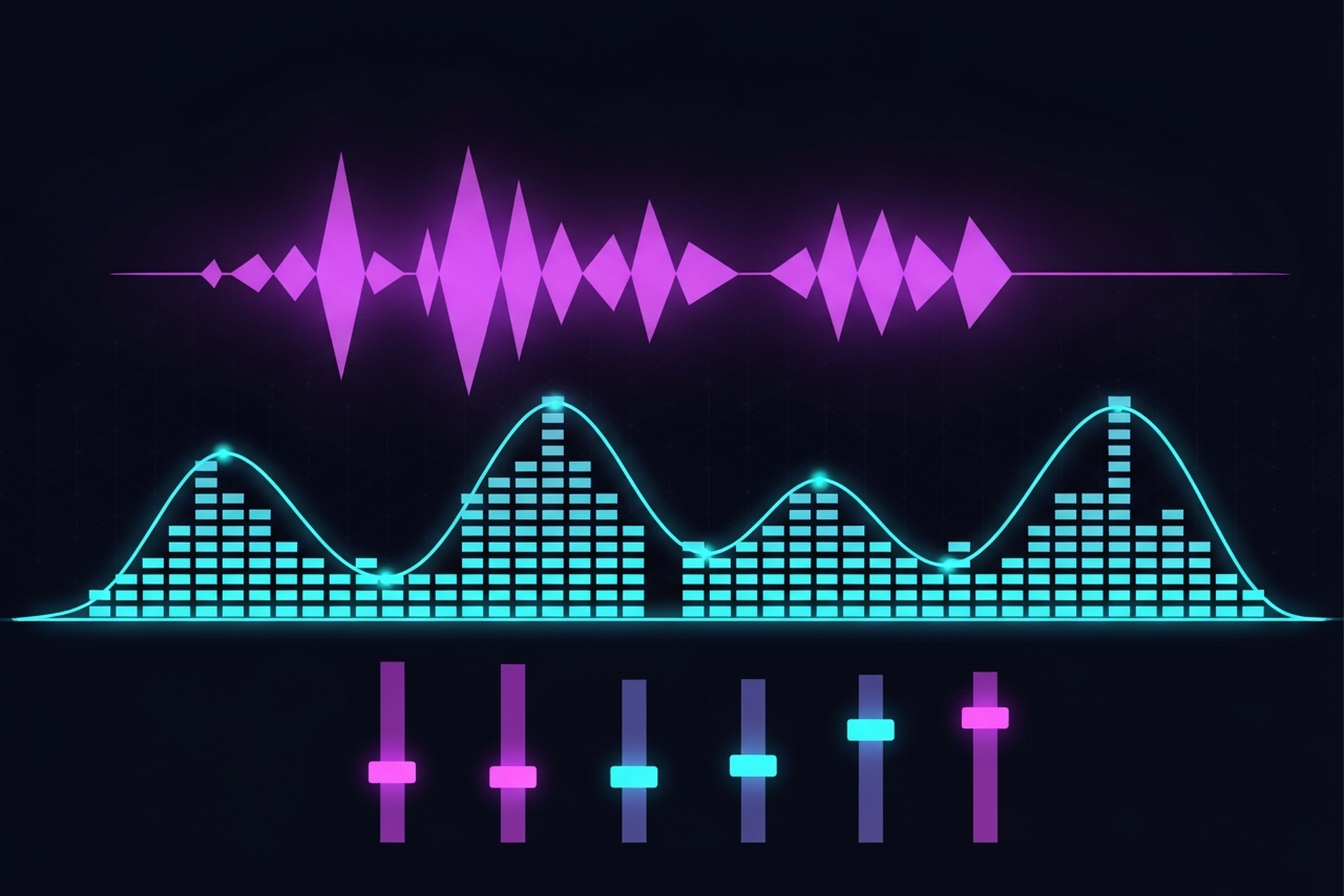 Visual overview of the key sound editing tasks for B2B podcasts including noise reduction EQ compression and level normalization on dark navy background