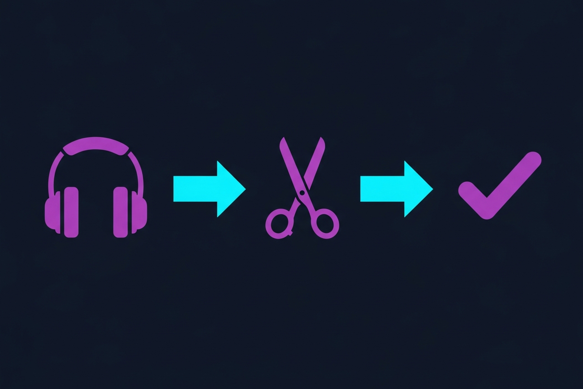 Audio waveform with editing controls floating above dark gradient background with purple accents