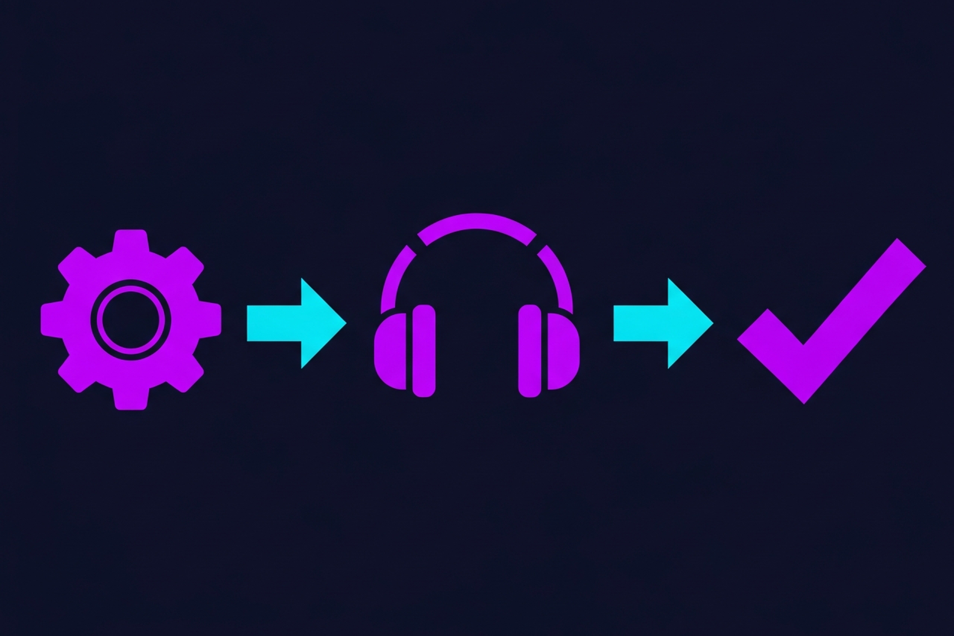 Gear icon next to waveform and headphones icon on dark navy background