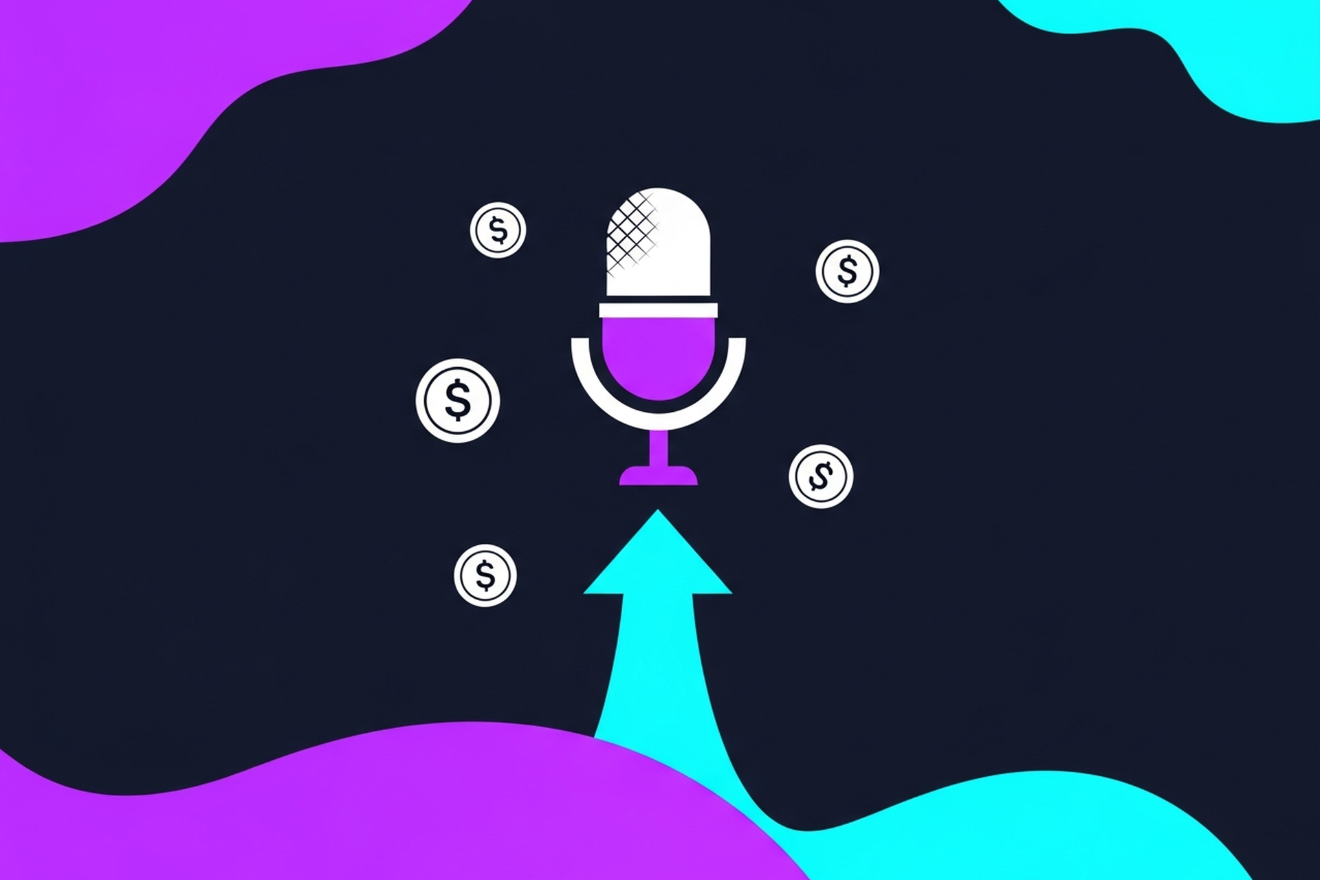 Split comparison chart showing consumer podcast revenue models on the left versus B2B company podcast ROI models on the right, with purple and cyan accents on a dark navy background