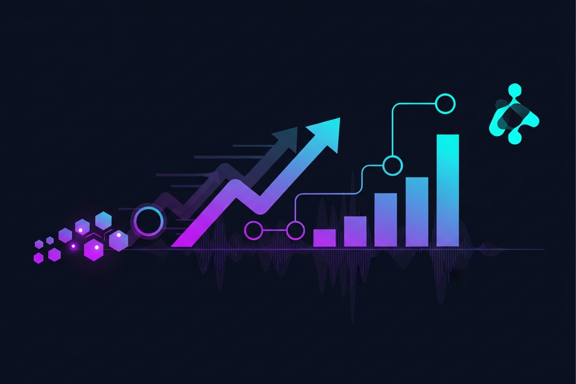 Flat design illustration of podcast revenue streams and analytics pipeline with bar charts, upward arrows, and audio waveforms on a dark navy background with purple and cyan gradient accents