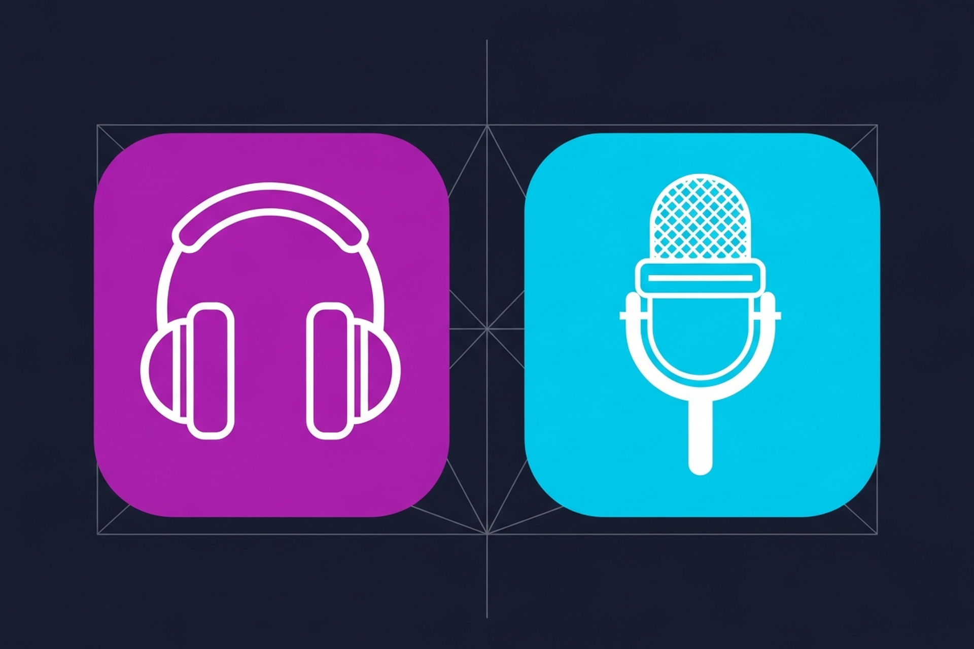 Split screen showing free podcast listening apps on a mobile phone beside a podcast recording setup with microphone and waveform display